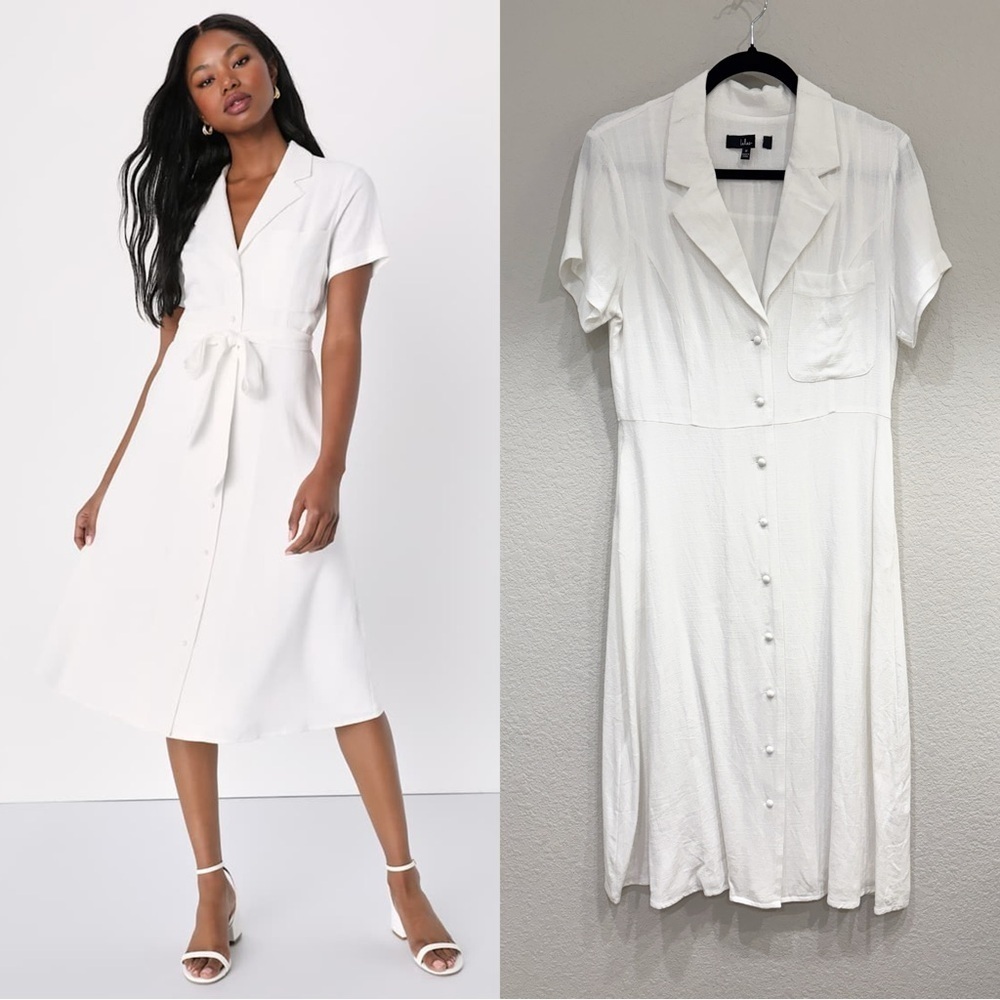 NWOT Lulus Sweet Sincerity White Linen Button-Up Midi Dress With Pockets